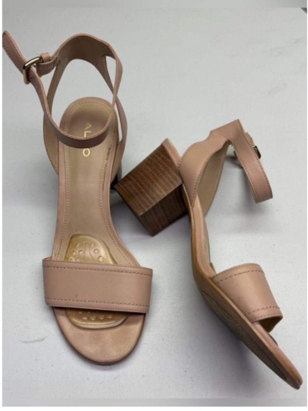 Aldo Lolla Nude Leather Ankle Strap Block Heel Sandal Size 8 Fall Sale